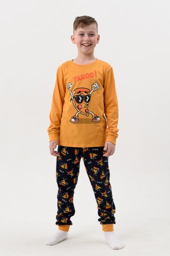Пижама Пицца детская длинный рукав с брюками (Горчичный-т.синий) - Модно-Трикотаж