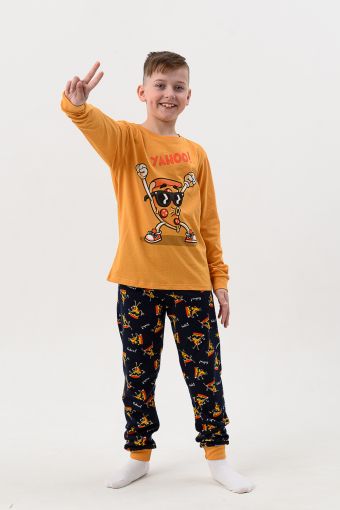 Пижама Пицца детская длинный рукав с брюками (Горчичный-т.синий) (Фото 2)