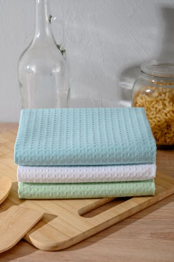 Набор вафельных полотенец в подарочной упаковке (Мята, белый, голубой) (Фото 2)